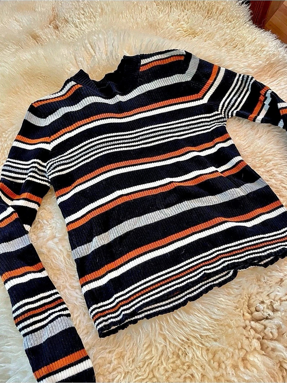 BP Women's Cropped Long Sleeve Sweater Black Orange White Stripes Size Small